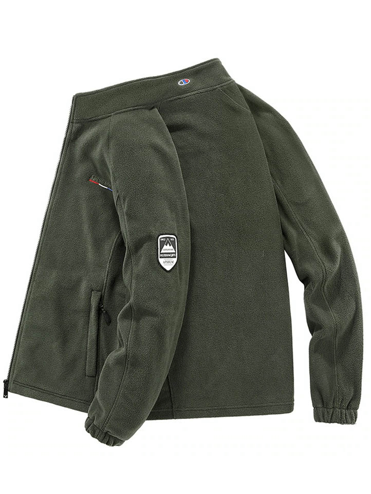 Men's outdoor zipper fleece hiking jacket with inside pockets, green color, featuring a stand collar and durable polyester-spandex blend.
